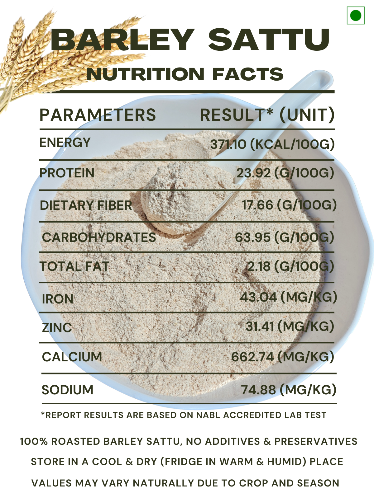 Nutrition facts label for barley sattu 
