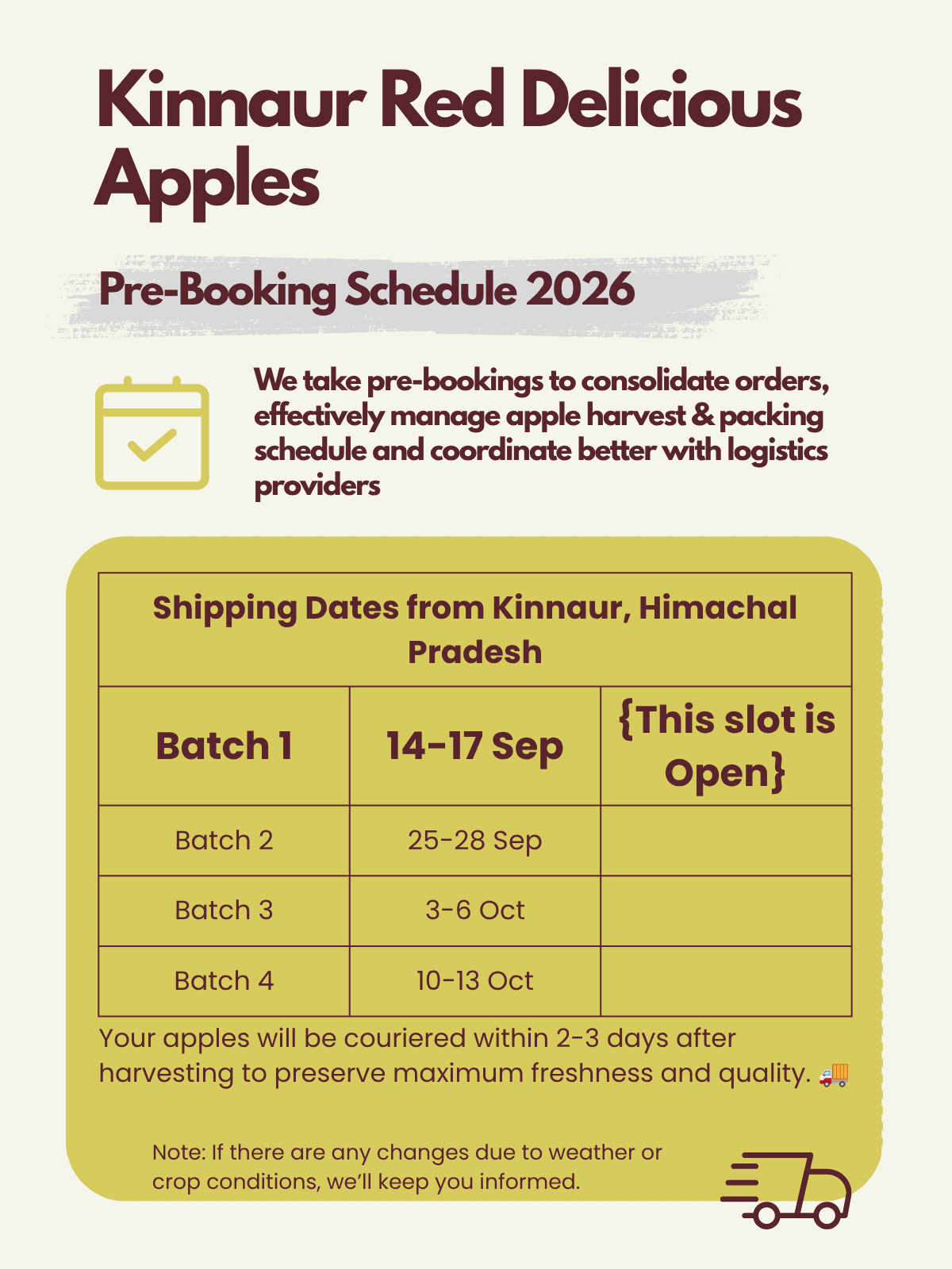 Pre-booking schedule poster for Kinnaur Red Delicious Apples