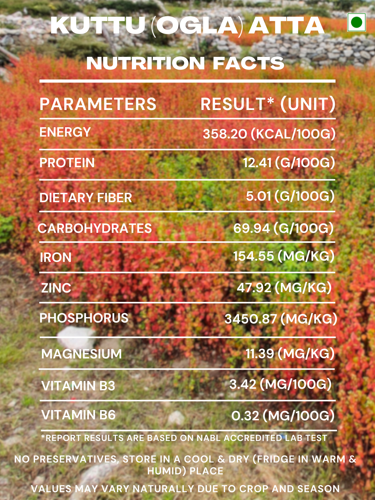 Nutrition facts of Kuttu (Ogla) Atta 
